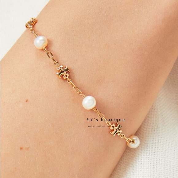 NWT Tory Burch Kira Pearl Chain Bracelet 18k Gold Ivory 74071 - Picture 2 of 4